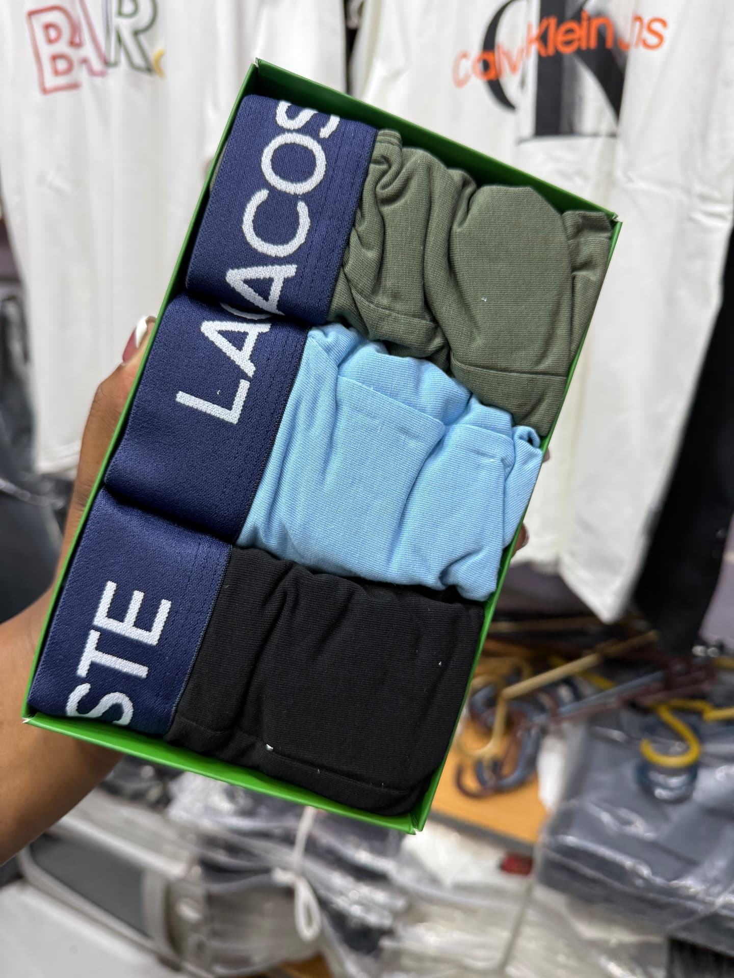 Lacoste 3-Pack Trunks — Olive/Light Blue/Black