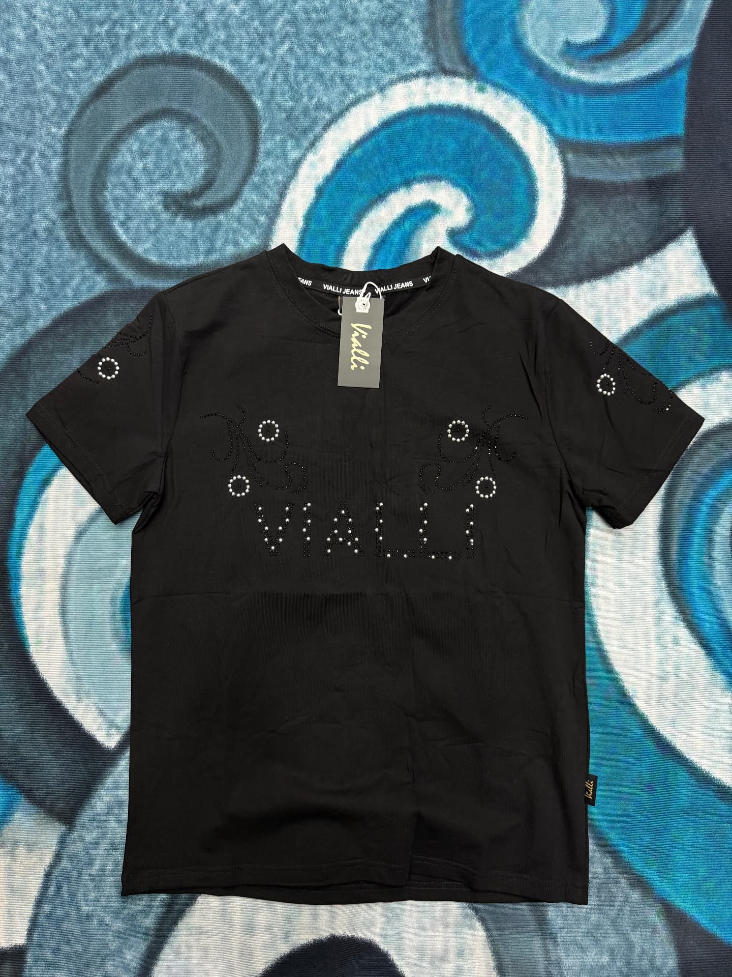 Vialli Rhinestone Script Tee — Black